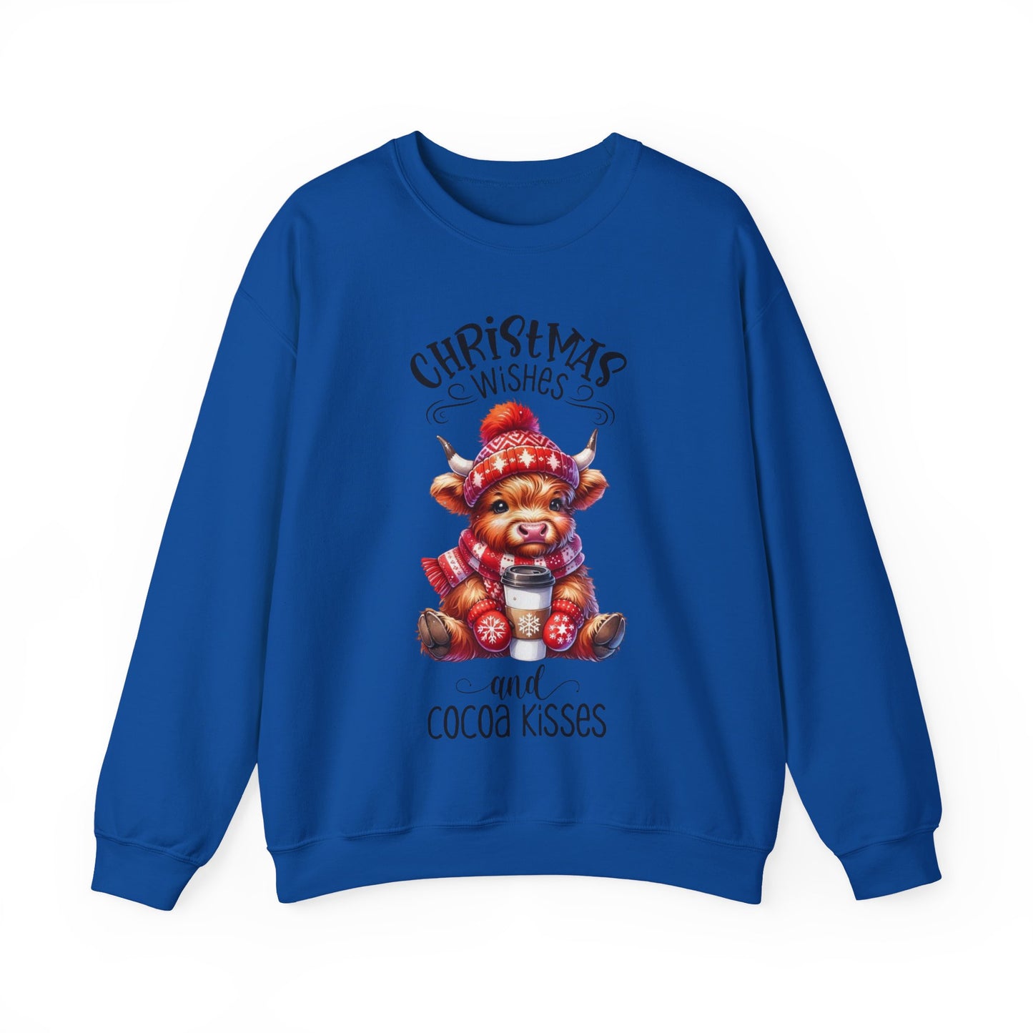 🎄☕🐮 Christmas Wishes and Cocoa Kisses Sweatshirt – Cozy Highland Cow Holiday Sweater ❄️❤️