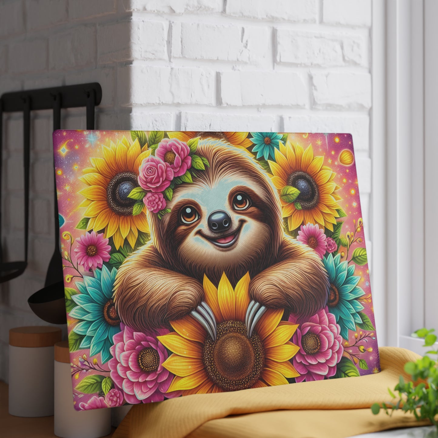 🦥 Sunflower Sloth Cutting Board – Whimsical Blooms for Your Kitchen 🌻