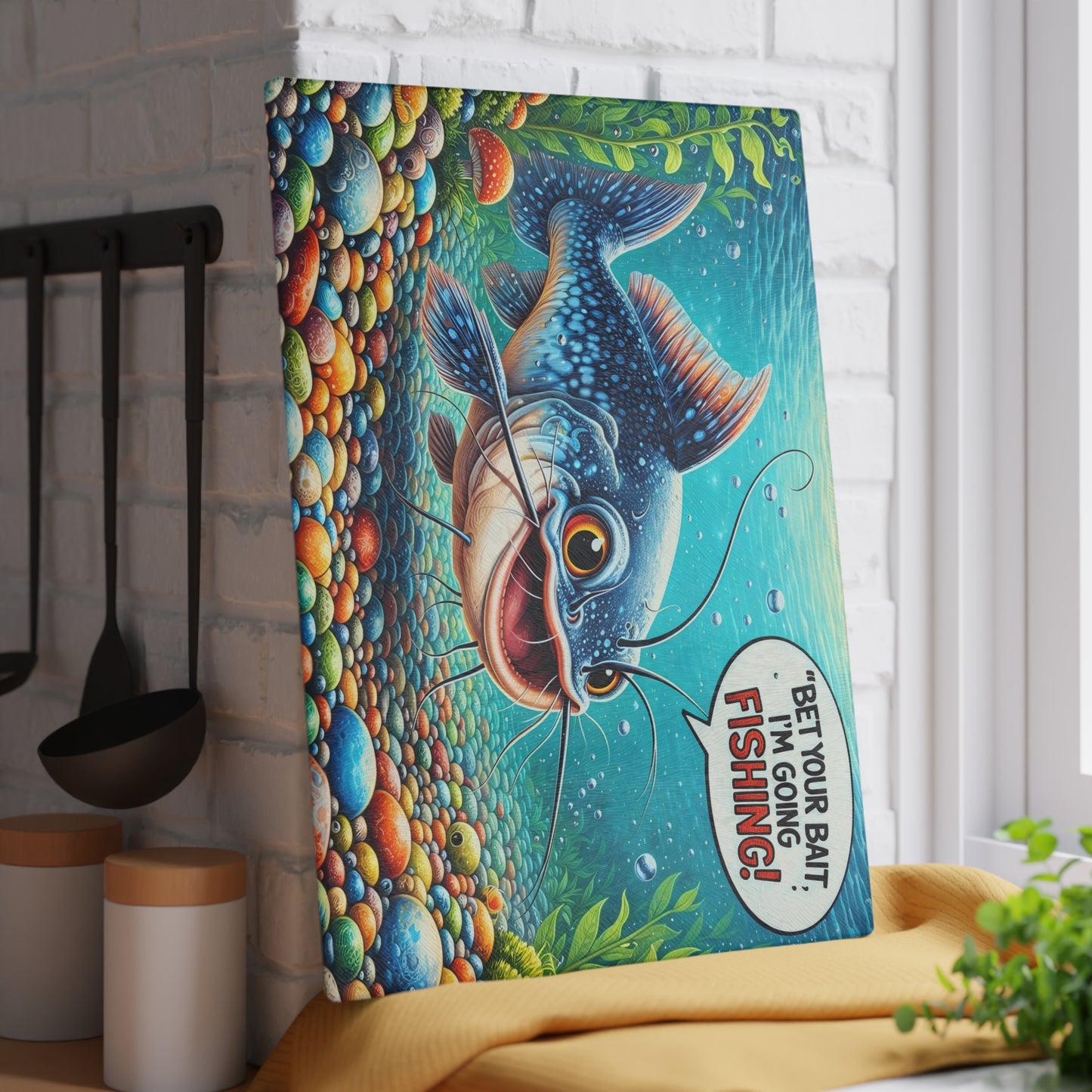 Bet Your Bait I’m Going Fishing Glass Cutting Board – Funny Fishing Kitchen Art with Colorful Catfish Design