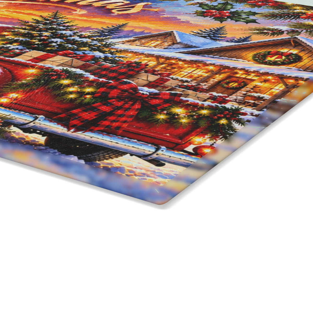 Merry Christmas Vintage Red Truck Tempered Glass Cutting Board – Snowy Farmhouse Christmas Scene – 11 × 15 Inches