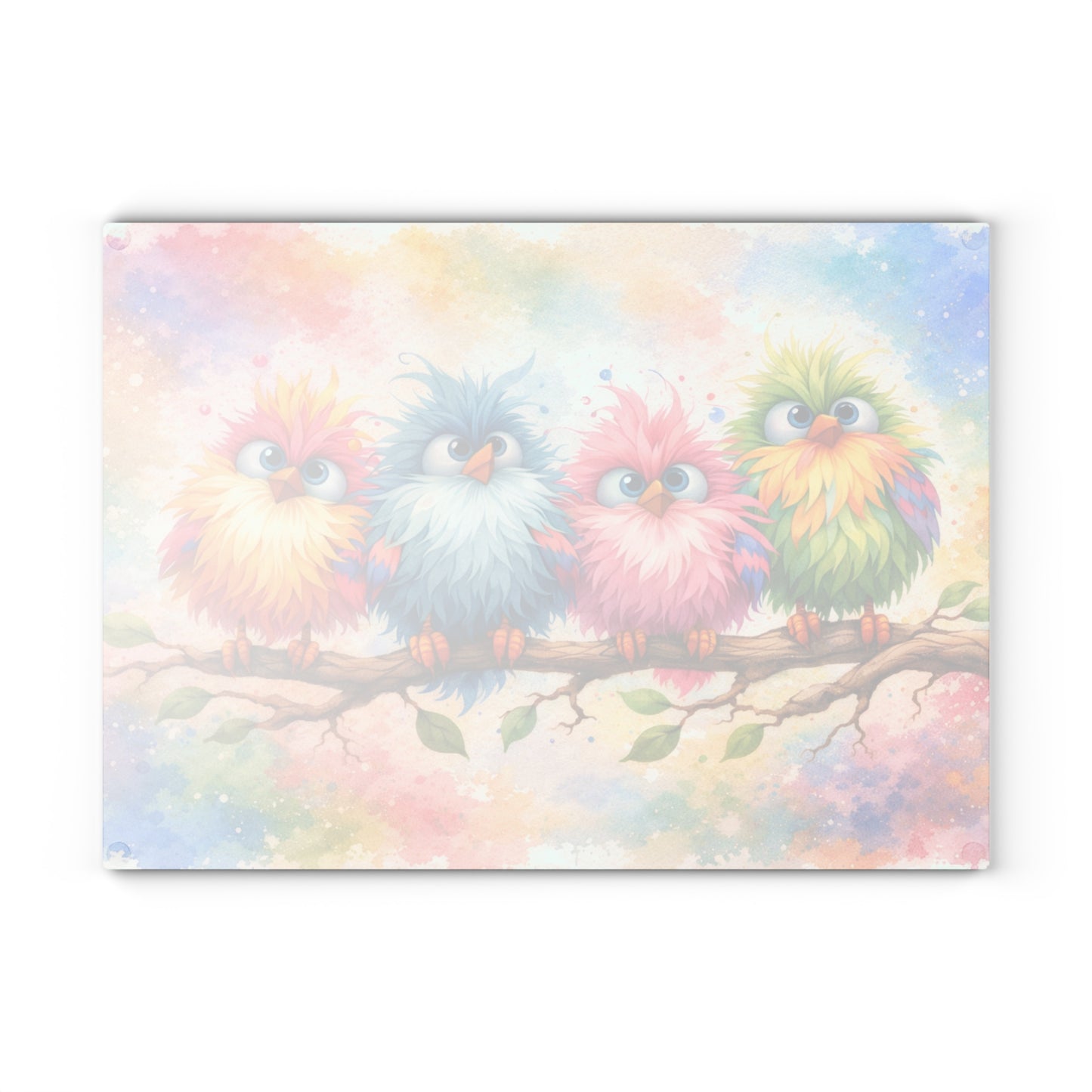 Colorful Birds on a Branch Glass Cutting Board – Whimsical Farmhouse Kitchen Decor with Bright Watercolor Style