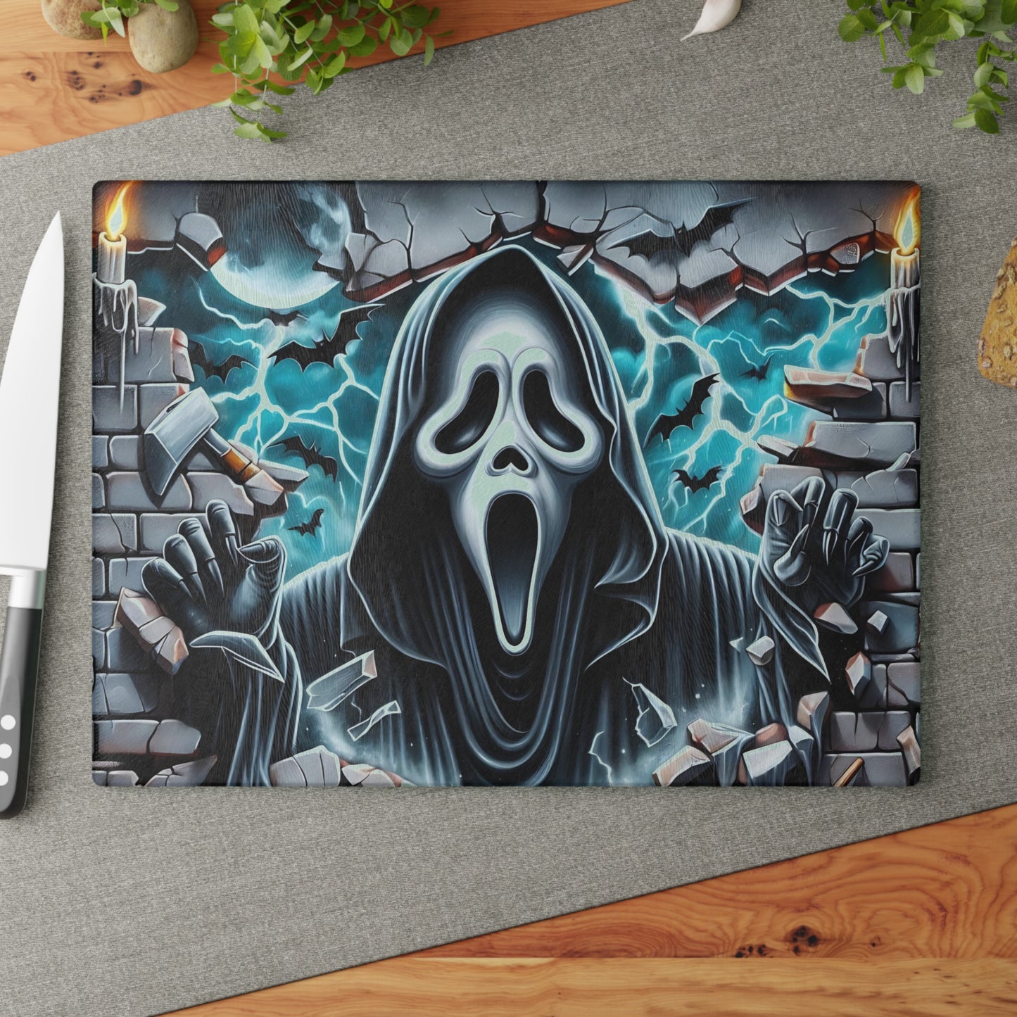 👻 Screaming Phantom Wall Break Cutting Board – Haunted Glow & Midnight Mayhem Kitchen Decor ⚡🦇