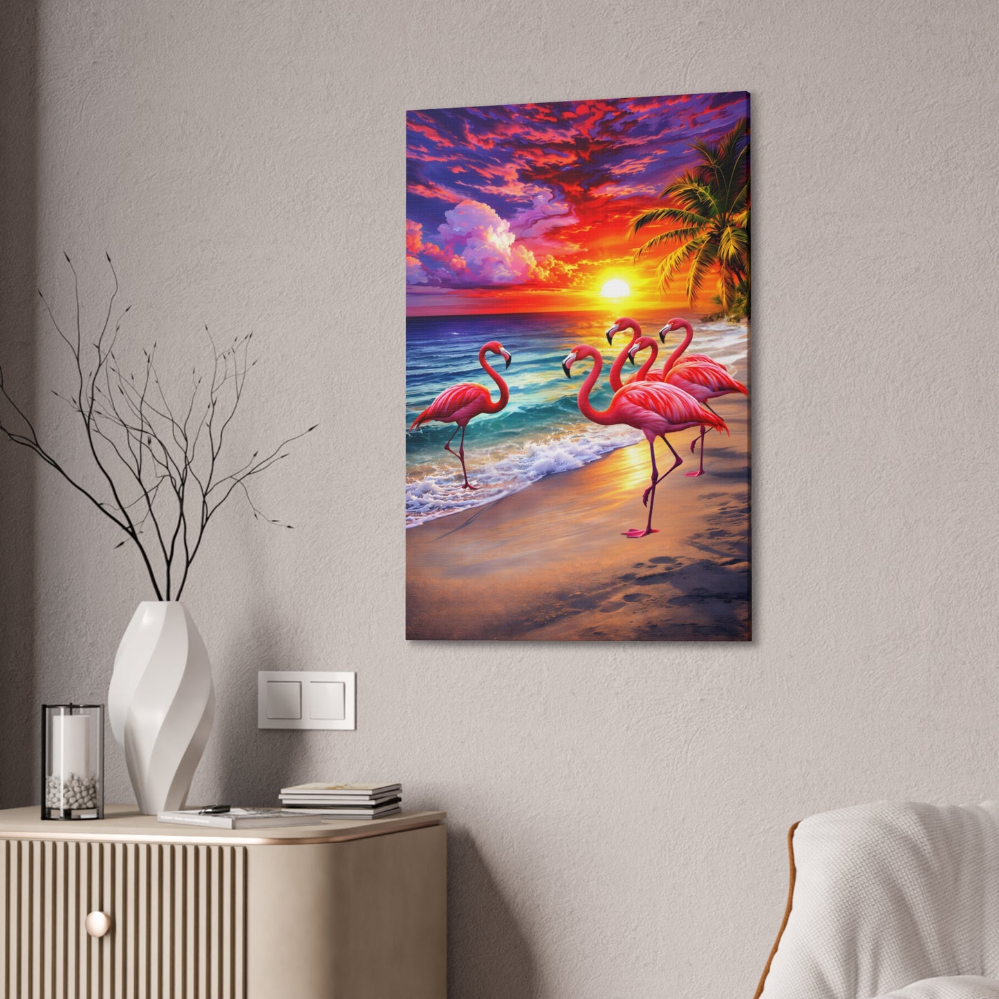 Tropical Flamingo Sunset Canvas Wall Art – Coastal Beach Home Décor