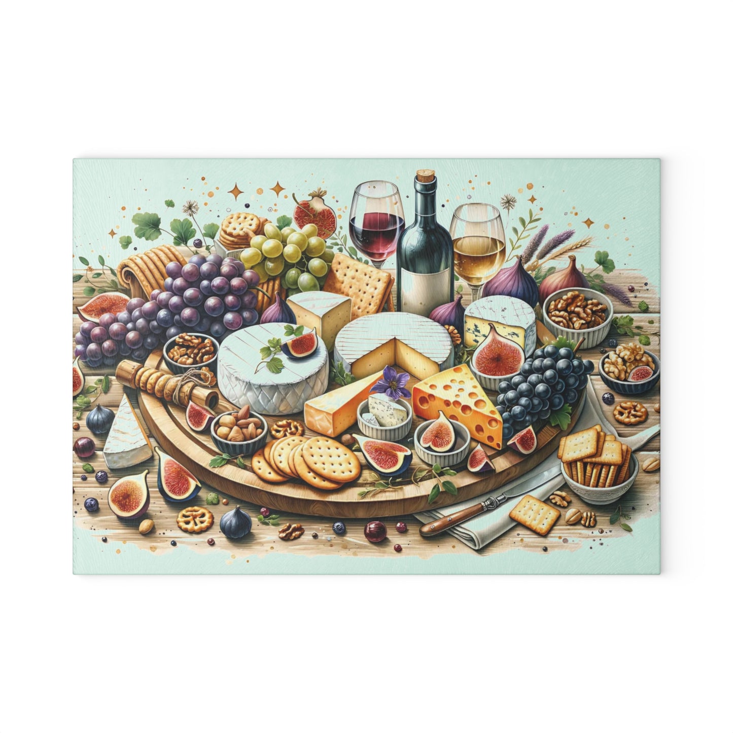 🍷🧀 “Gourmet Spread & Sparkle” Glass Cutting Board – Cozy Charm for Your Kitchen