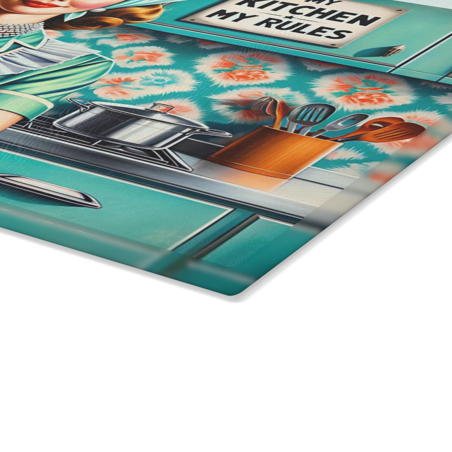 🍒✨ “Retro Kitchen Queen – My Kitchen, My Rules!” Glass Cutting Board – Sassy Vintage Charm