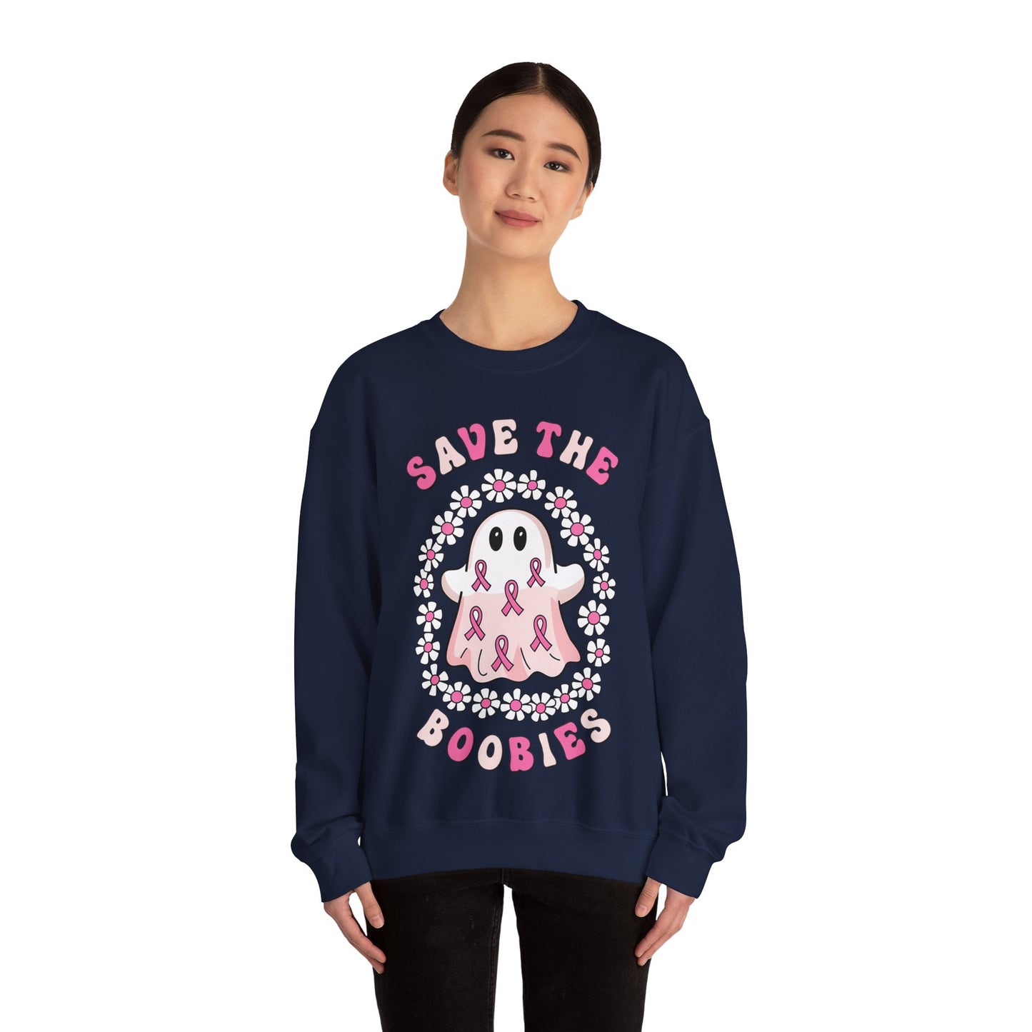 👻🎀 Save the Boobies Ghost Sweatshirt – Cute Breast Cancer Awareness Crewneck