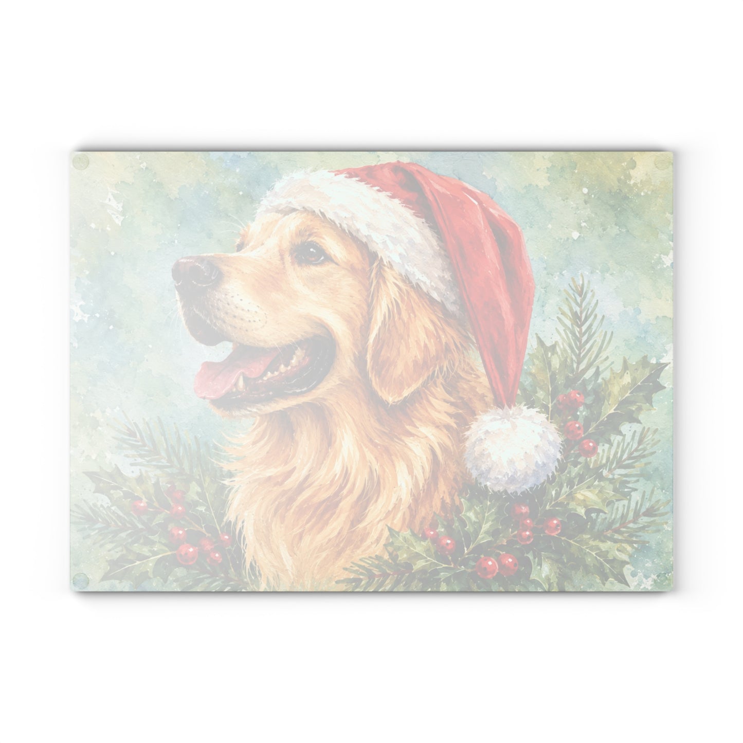 Golden Retriever Christmas Glass Cutting Board – Santa Hat, Holly & Evergreen Holiday Dog Decor