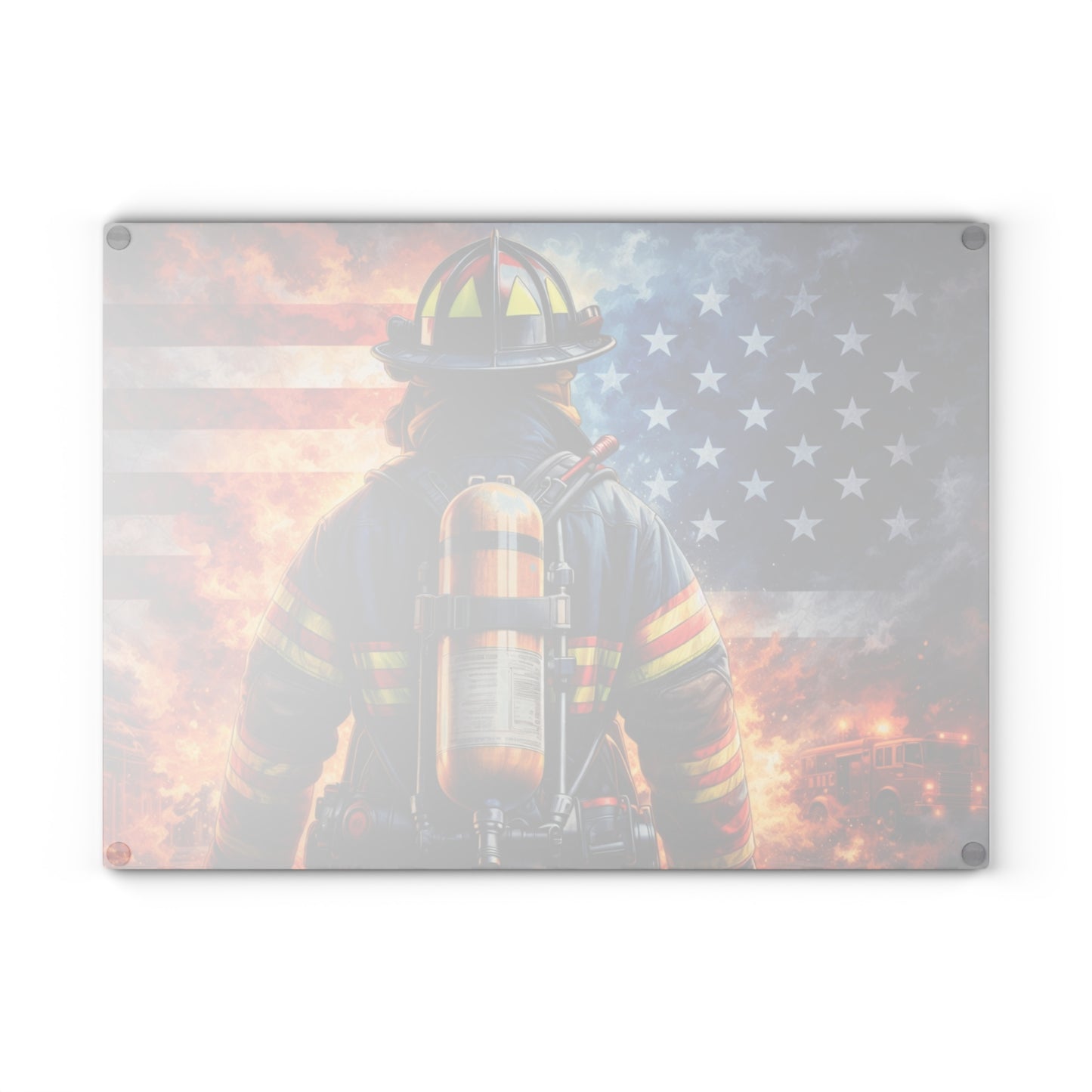 American Firefighter Tribute Glass Cutting Board – Patriotic Hero Kitchen Art