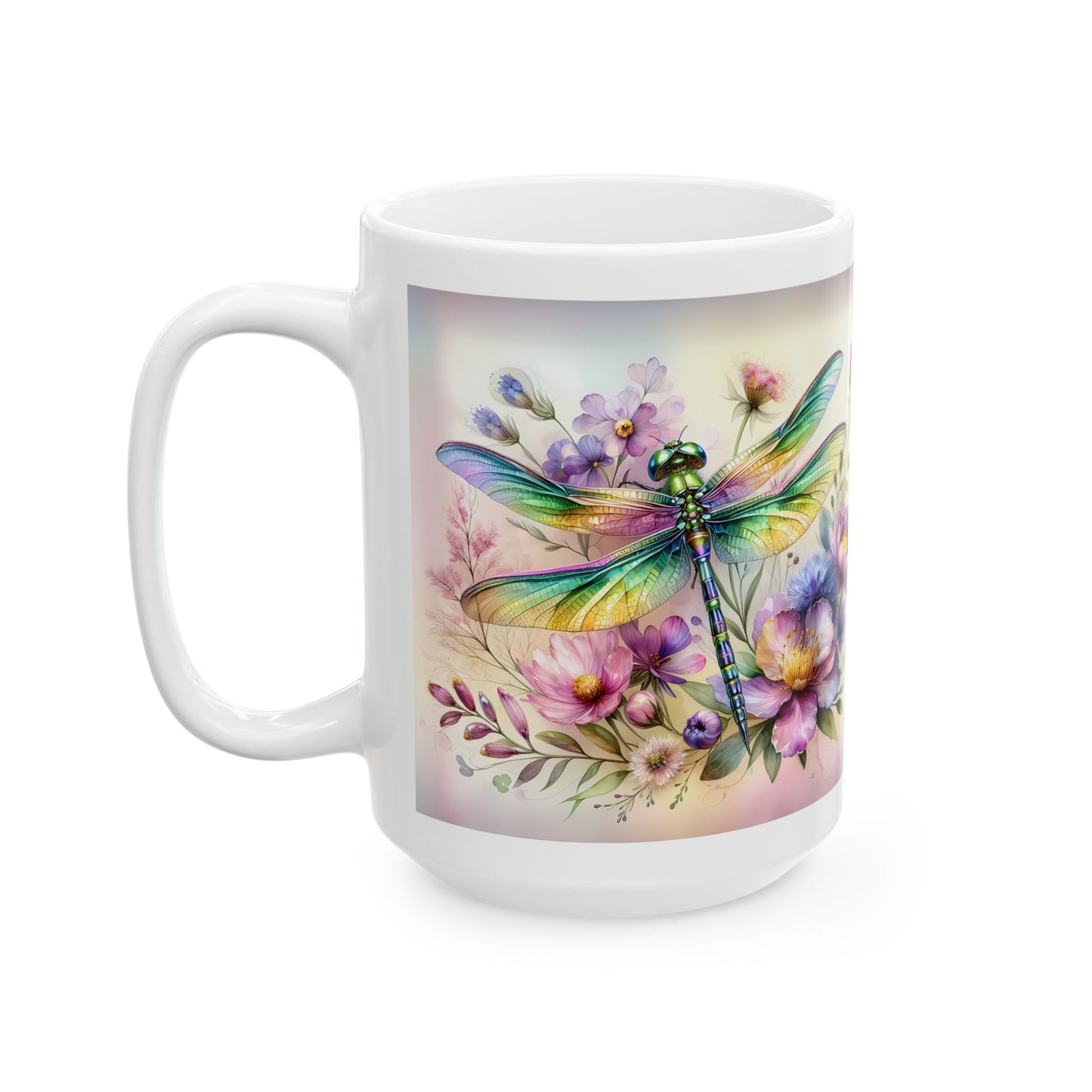 Libélula arcoíris y jardín de flores silvestres: envoltorio floral para tazas para amantes de la naturaleza ☕