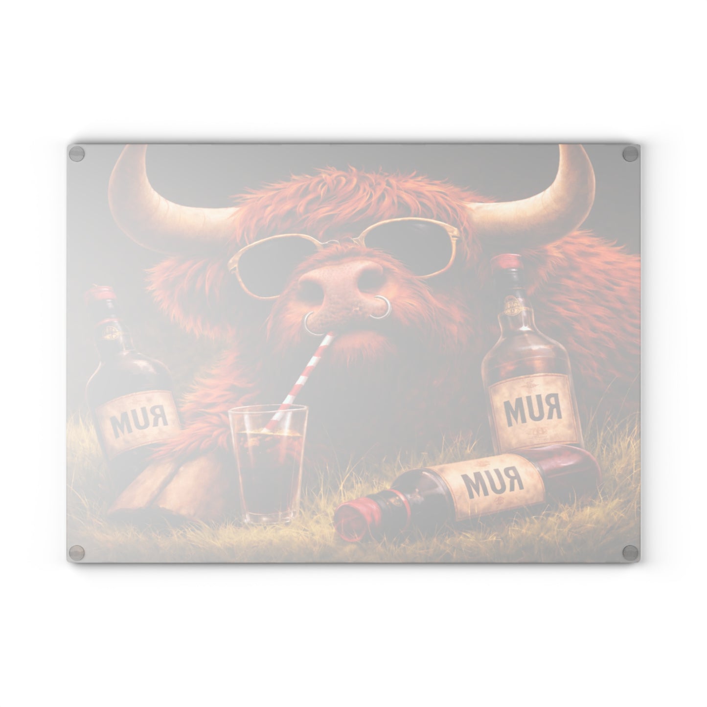 Sunglasses Highland Cow Glass Cutting Board – Bold Farm Bar Art with Playful Attitude