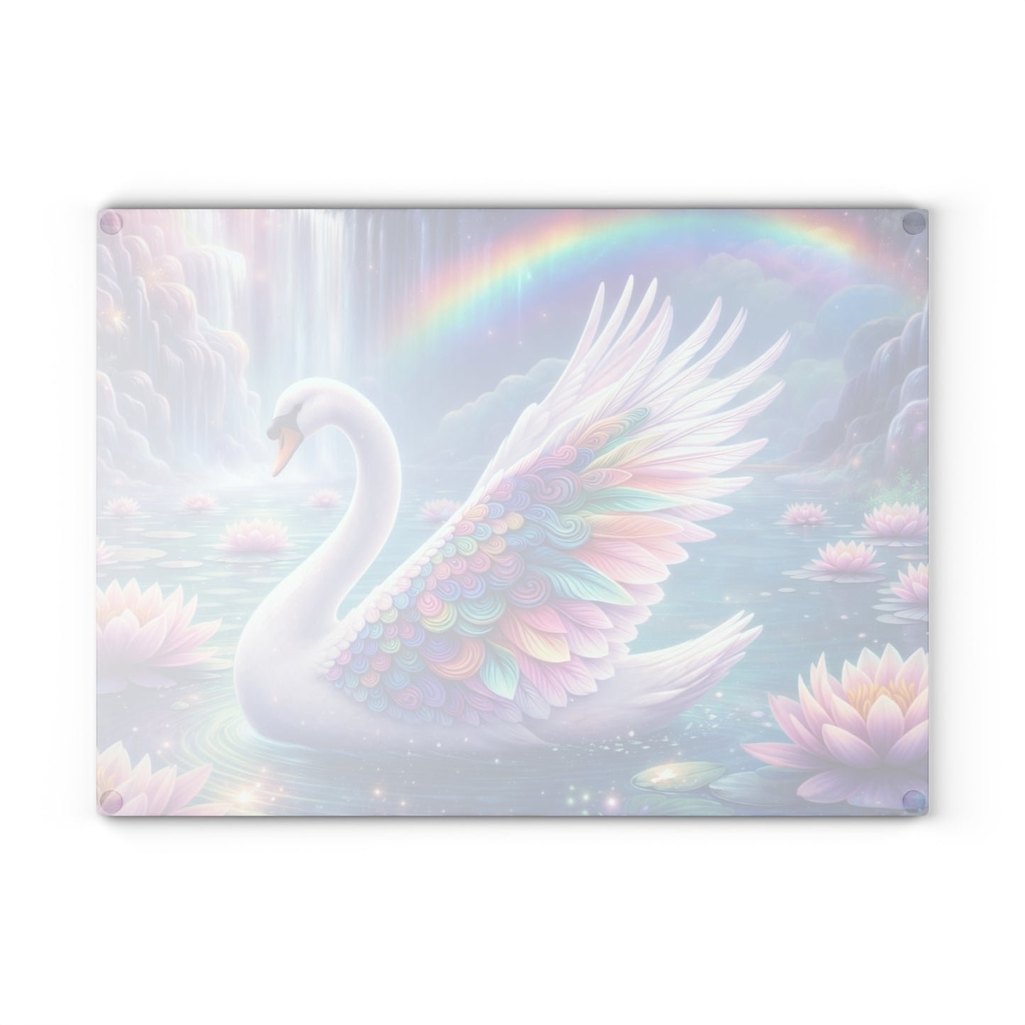 Rainbow Swan Fantasy Glass Cutting Board – Dreamy Water Garden Kitchen Art