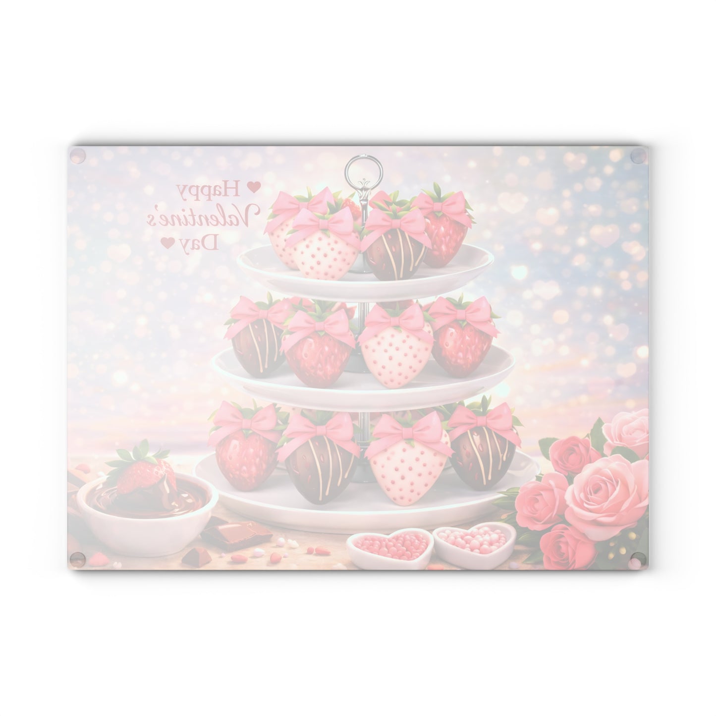 Chocolate-Covered Strawberry Valentine Glass Cutting Board – Romantic Dessert Display & Kitchen Accent