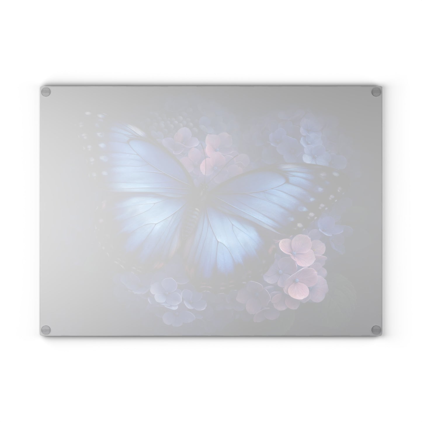 Blue Butterfly & Hydrangea Glass Cutting Board – Elegant Floral Butterfly Kitchen Art