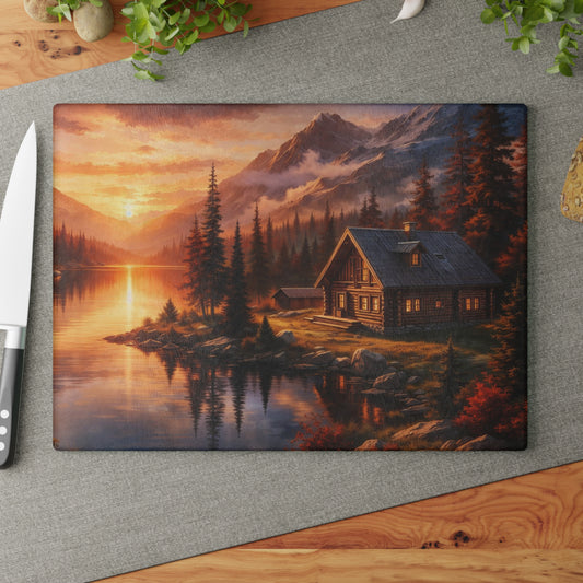 Mountain Cabin Sunset Glass Cutting Board – Rustic Lake Lodge Kitchen Art