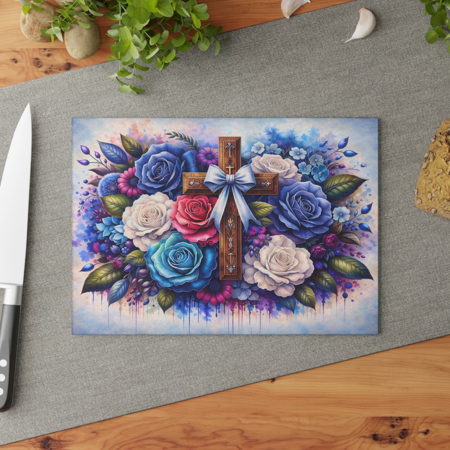 Floral Cross Glass Cutting Board – Faith-Inspired Christian Kitchen Art