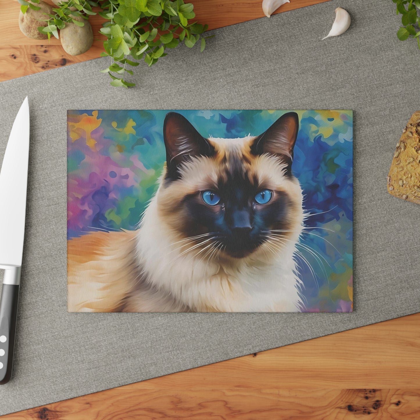 😻 Siamese Cat Cutting Board – Blue-Eyed Beauty in a Color Splash Kitchen Scene 🟦🌈