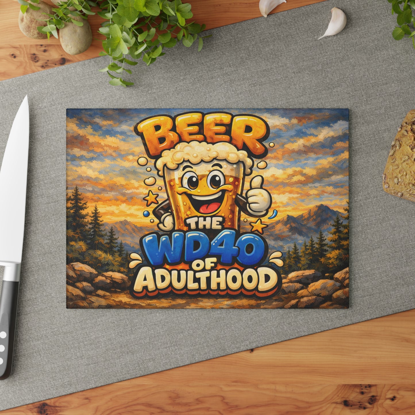 Funny Beer Glass Cutting Board – “Beer Is the WD40 of Adulthood” Mountain Humor Kitchen Decor