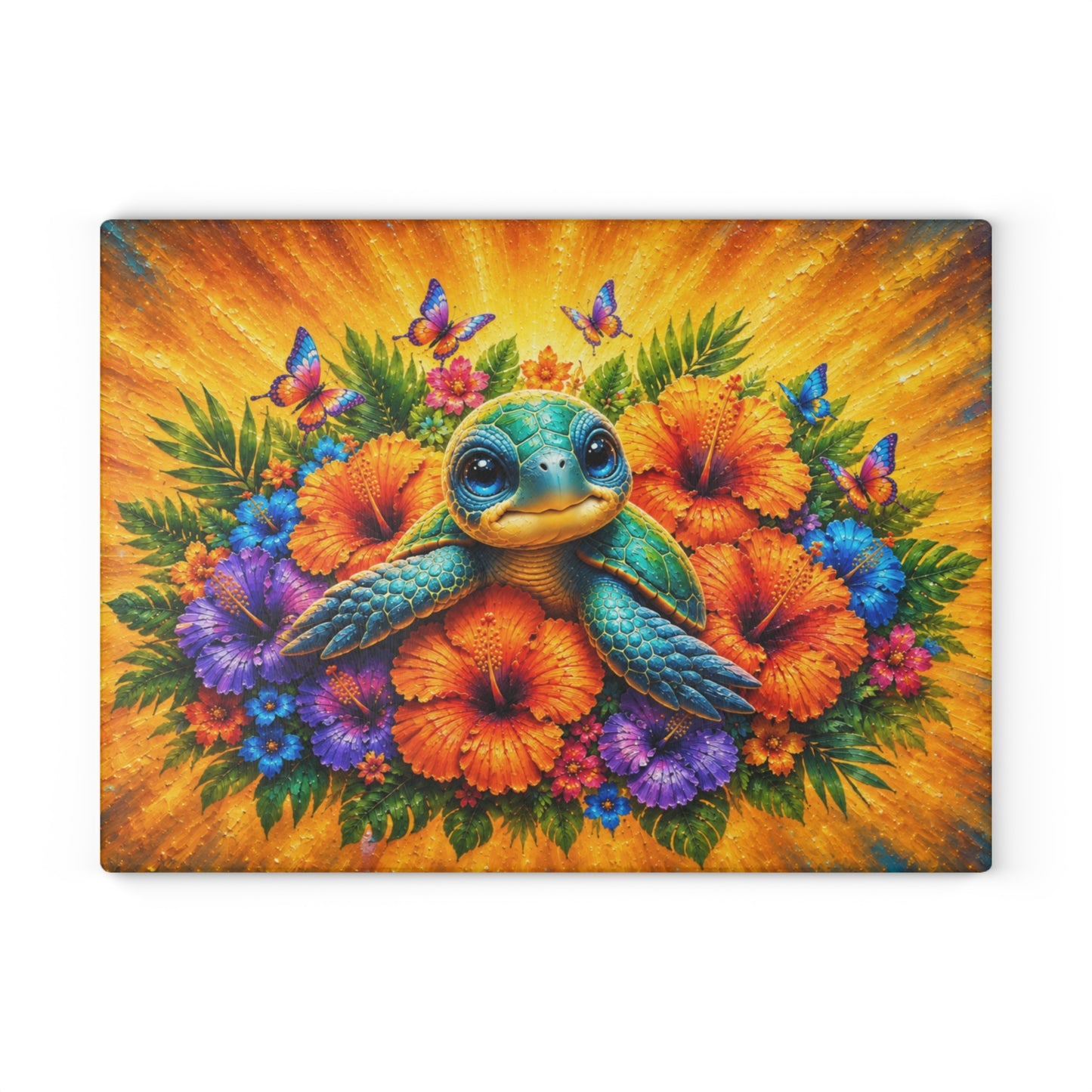 Baby Sea Turtle & Tropical Hibiscus Glass Cutting Board – Colorful Coastal Beach Kitchen Decor
