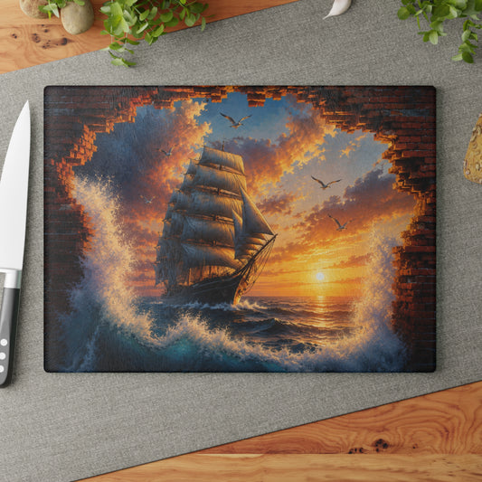 Sunset Sailing Ship Tempered Glass Cutting Board