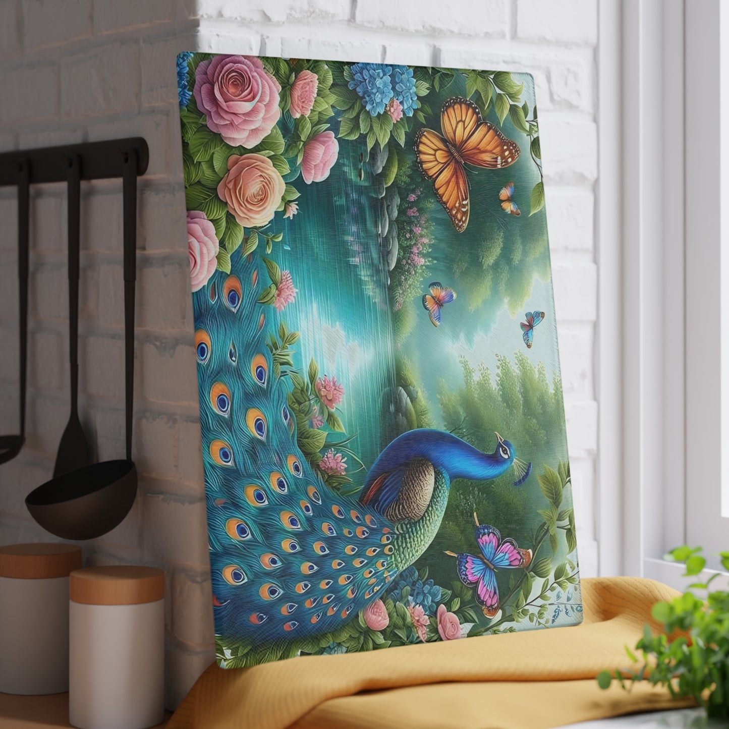 Peacock decor, butterfly decor, cutting board, kitchen decor, kitchen art, serving board, peacock gift, butterfly gift, floral cutting board