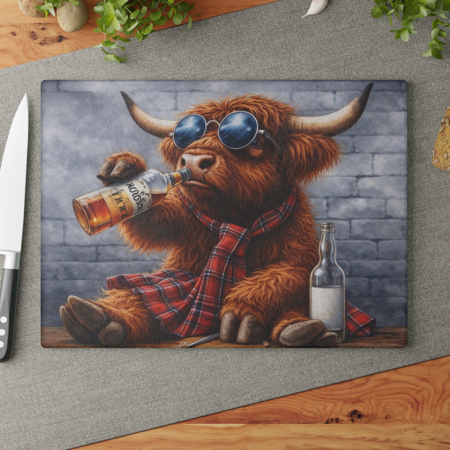Cool Shades Highland Cow Glass Cutting Board – Playful Farm Bar Art with Bold Rustic Attitude