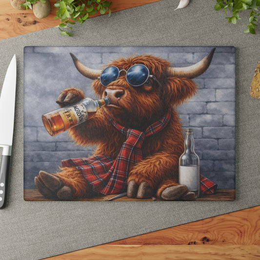 Cool Shades Highland Cow Glass Cutting Board – Playful Farm Bar Art with Bold Rustic Attitude