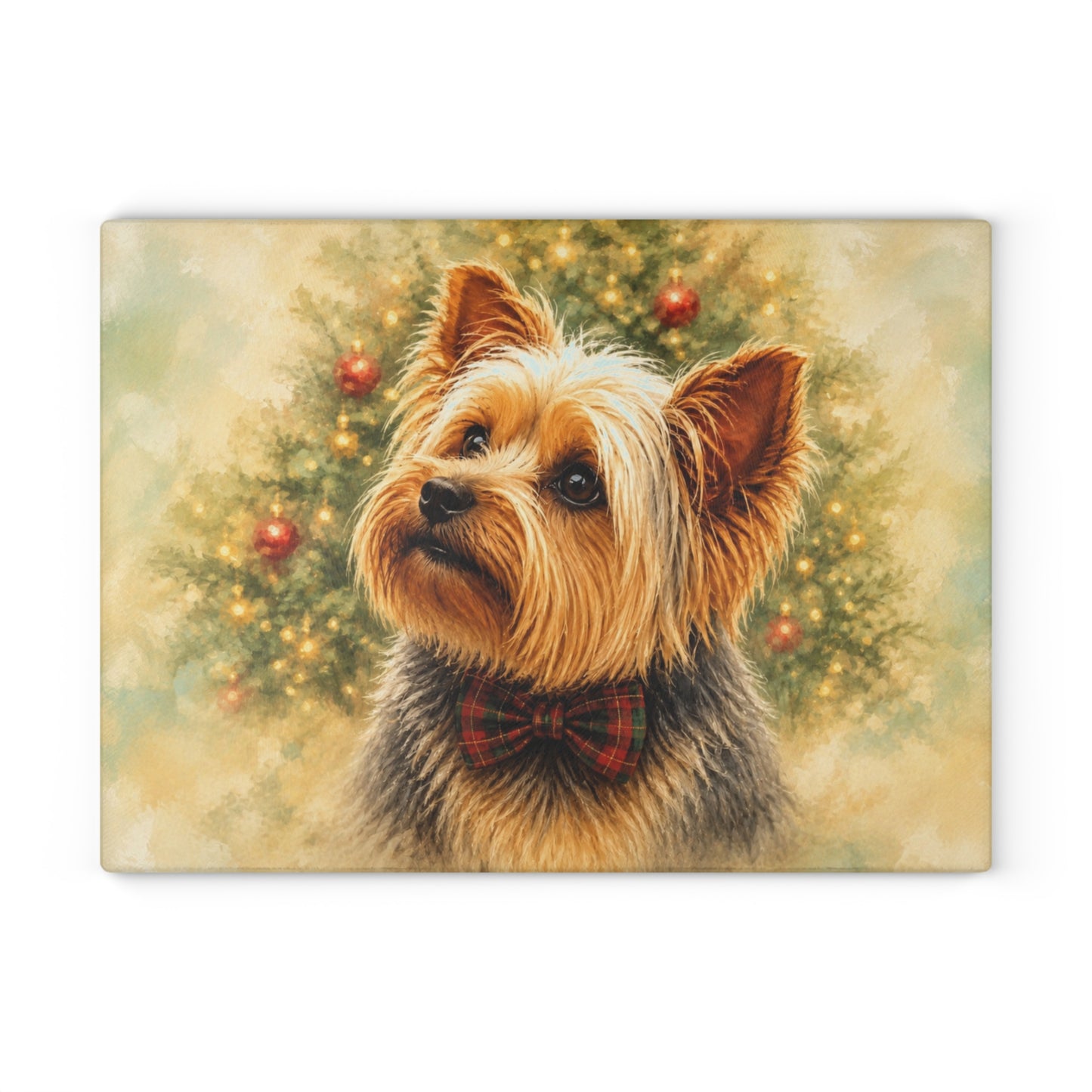 Yorkie Christmas Glass Cutting Board – Yorkshire Terrier Holiday Dog Decor with Plaid Bow Tie & Christmas Tre