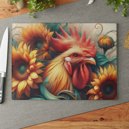 Tabla de cortar de vidrio con forma de gallo – Decoración rústica para cocina de granja | Tabla de servir y charcutería de vidrio templado