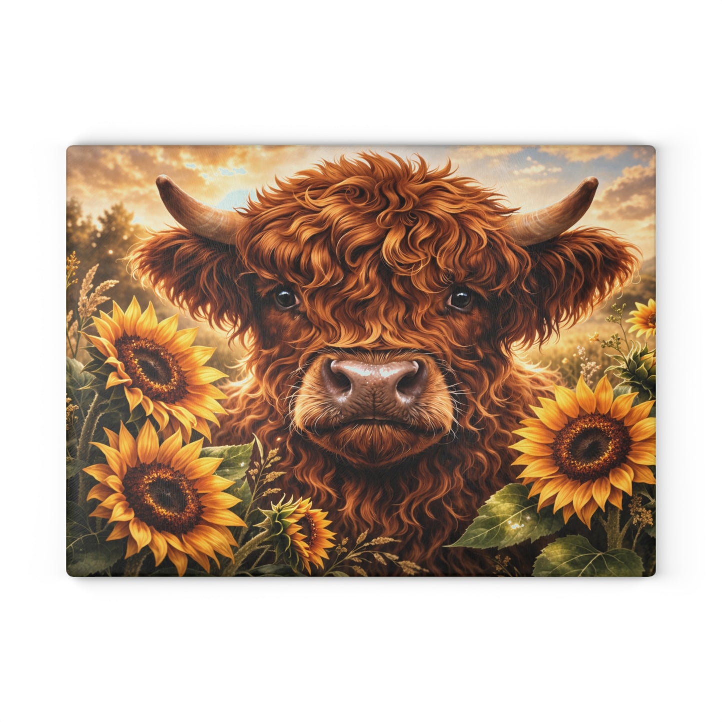 Sunflower Meadow Highland Cow Glass Cutting Board – Warm Farmhouse Floral Art with Country Charm
