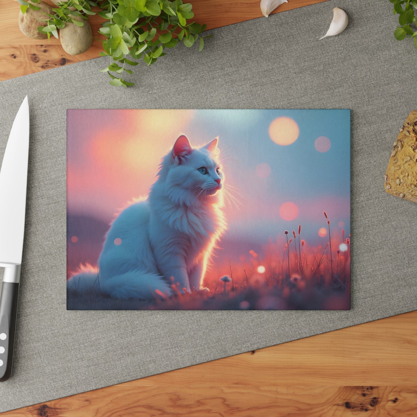 🐱🌅 White Cat Sunset Glow Cutting Board – Serene Elegance for Your Kitchen ✨