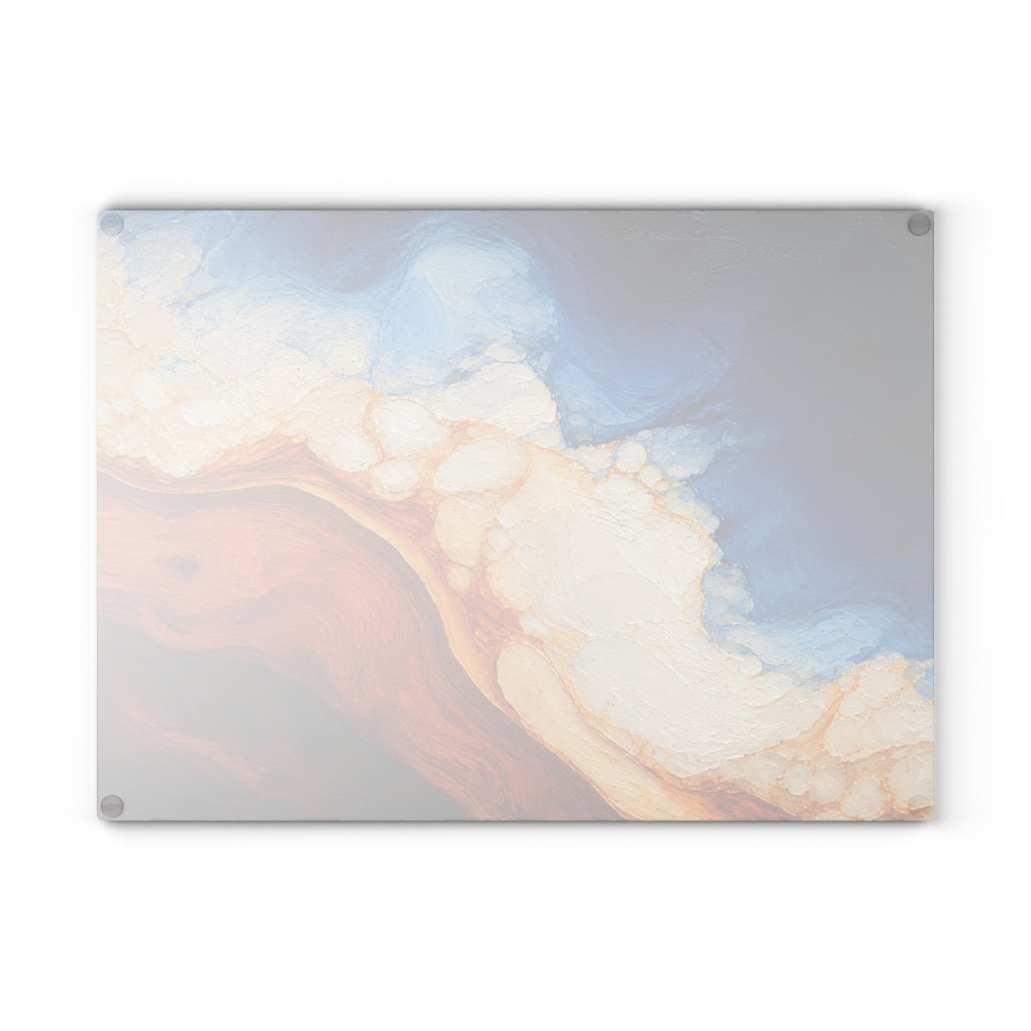 Coastal Resin-Painted Look Ocean Abstract Glass Cutting Board – Blue Waves and Golden Shoreline Artwork