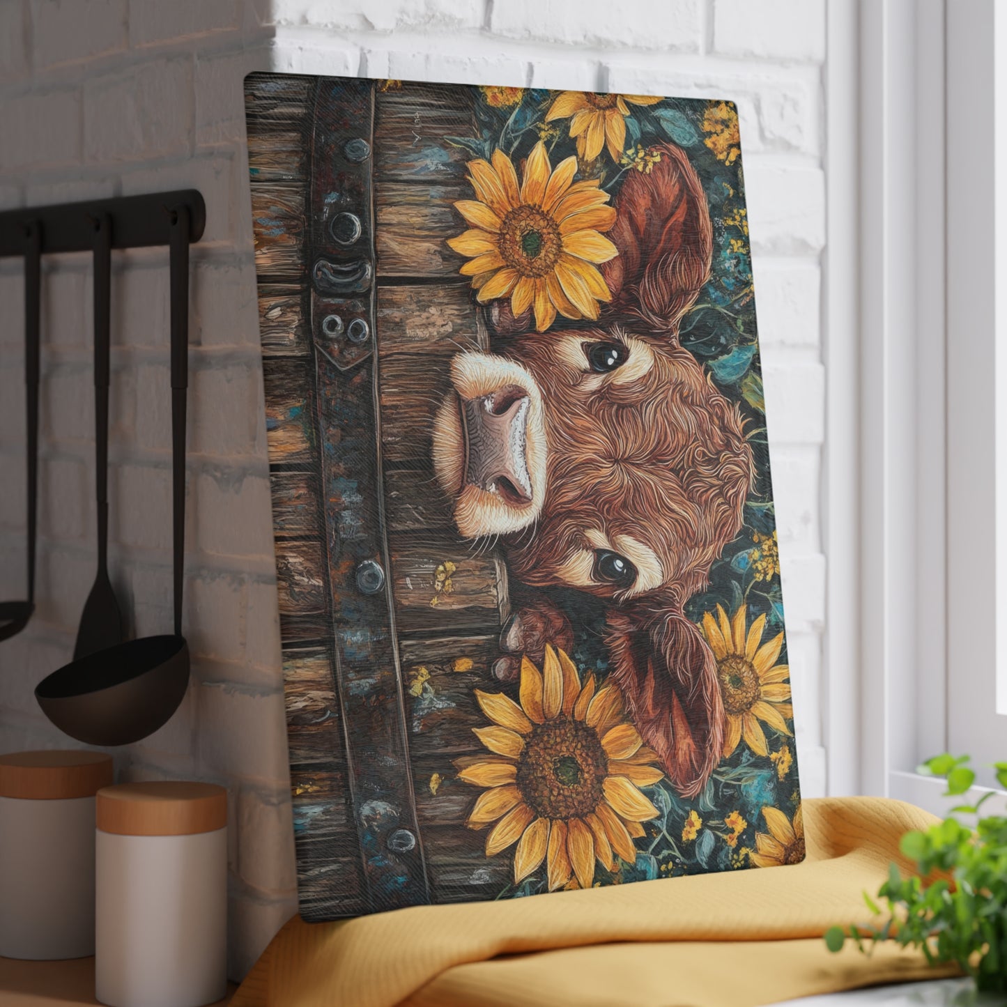 🐮🌻 Rustic Sunflower Calf Cutting Board – Farmhouse Charm for Your Kitchen 🌾