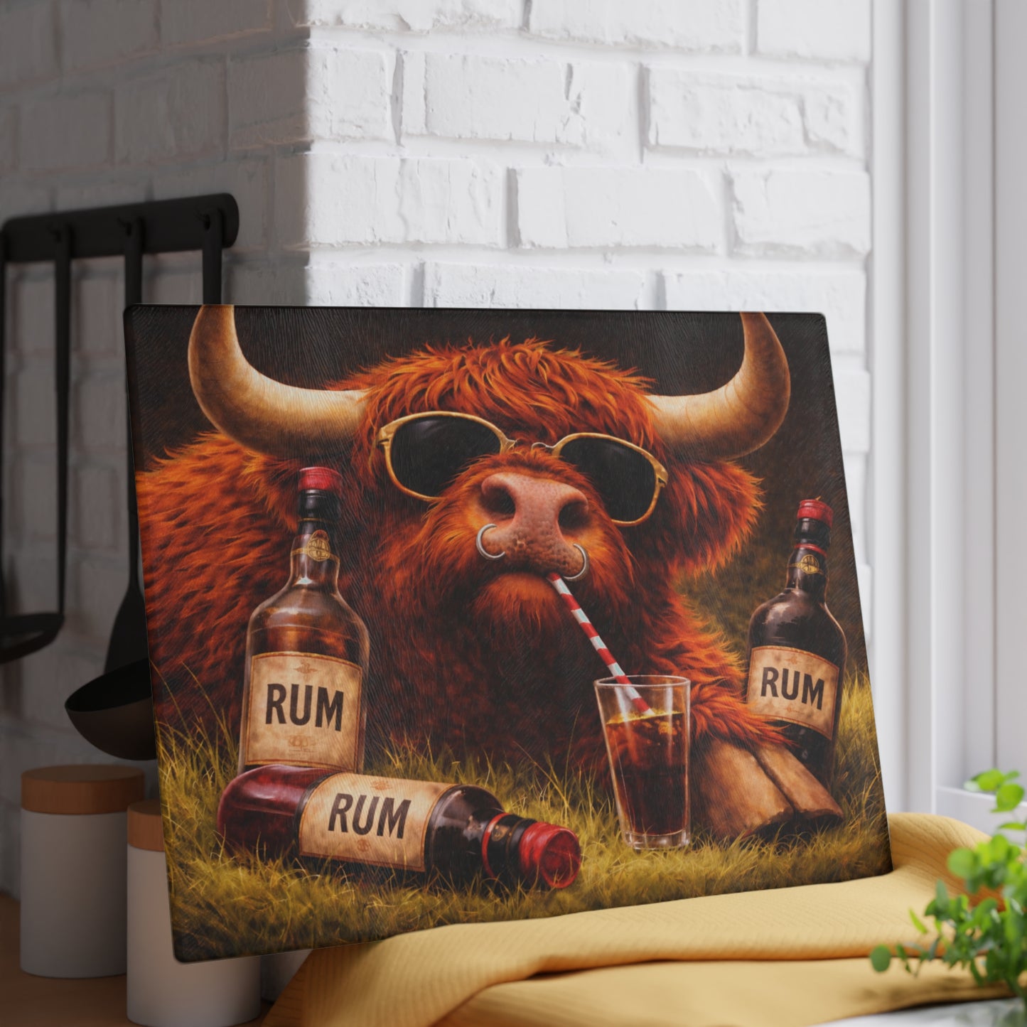 Sunglasses Highland Cow Glass Cutting Board – Bold Farm Bar Art with Playful Attitude