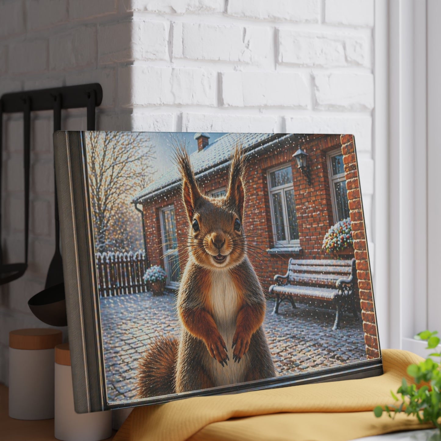 Winter Squirrel Window Glass Cutting Board