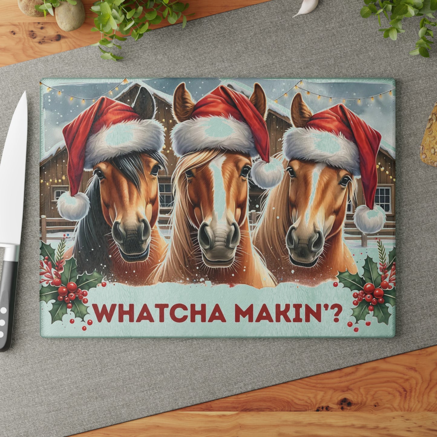 🐴🎄 “Whatcha Makin’?” Holiday Horses Glass Cutting Board – Cozy Charm for Your Kitchen