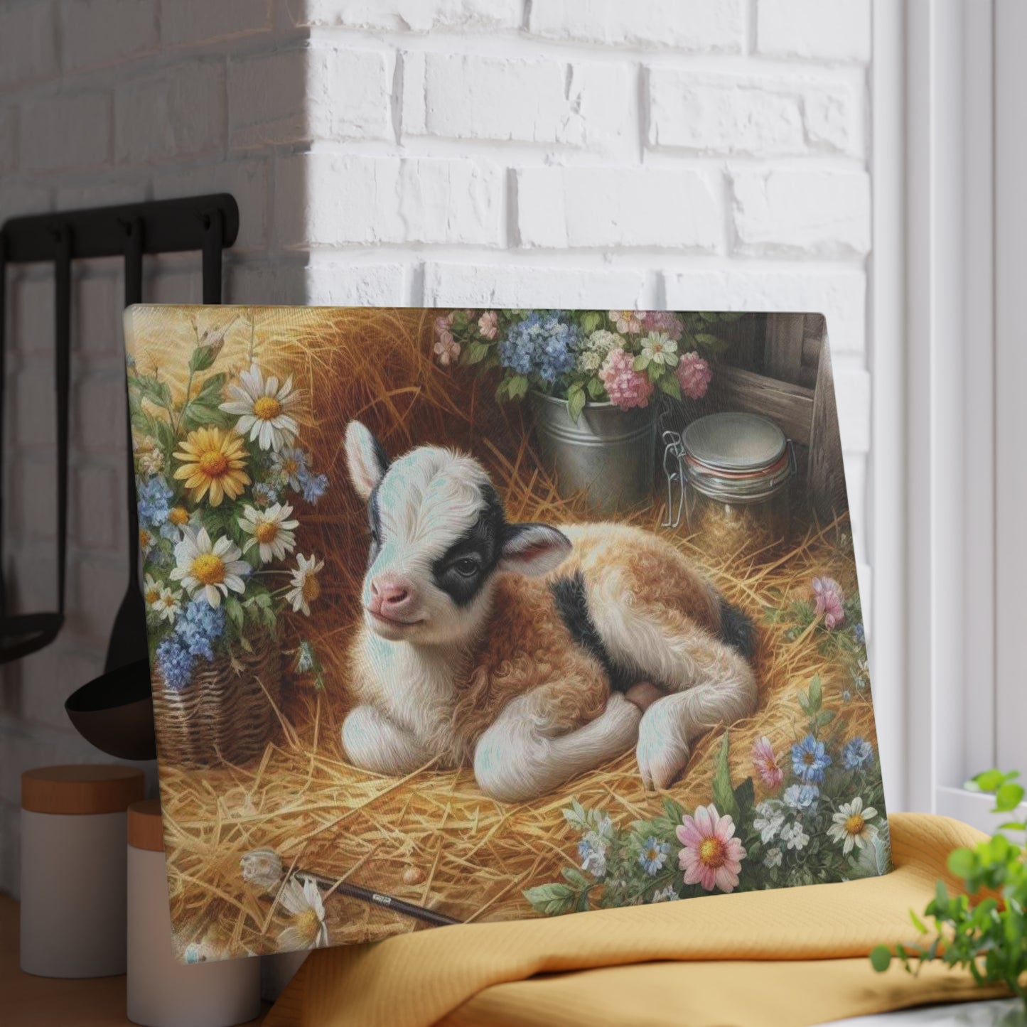 🐐🌸 Baby Goat in the Hayloft Glass Cutting Board – Rustic Farm Charm for Your Kitchen 🌾
