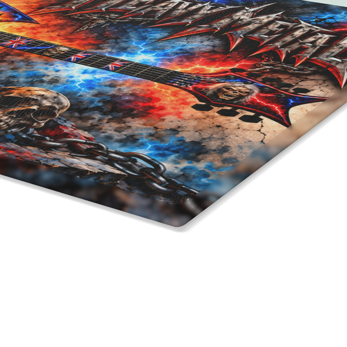 Heavy Metal Guitar Glass Cutting Board – Electric Guitar, Fire, Lightning, Skulls & Rock Music Artwork