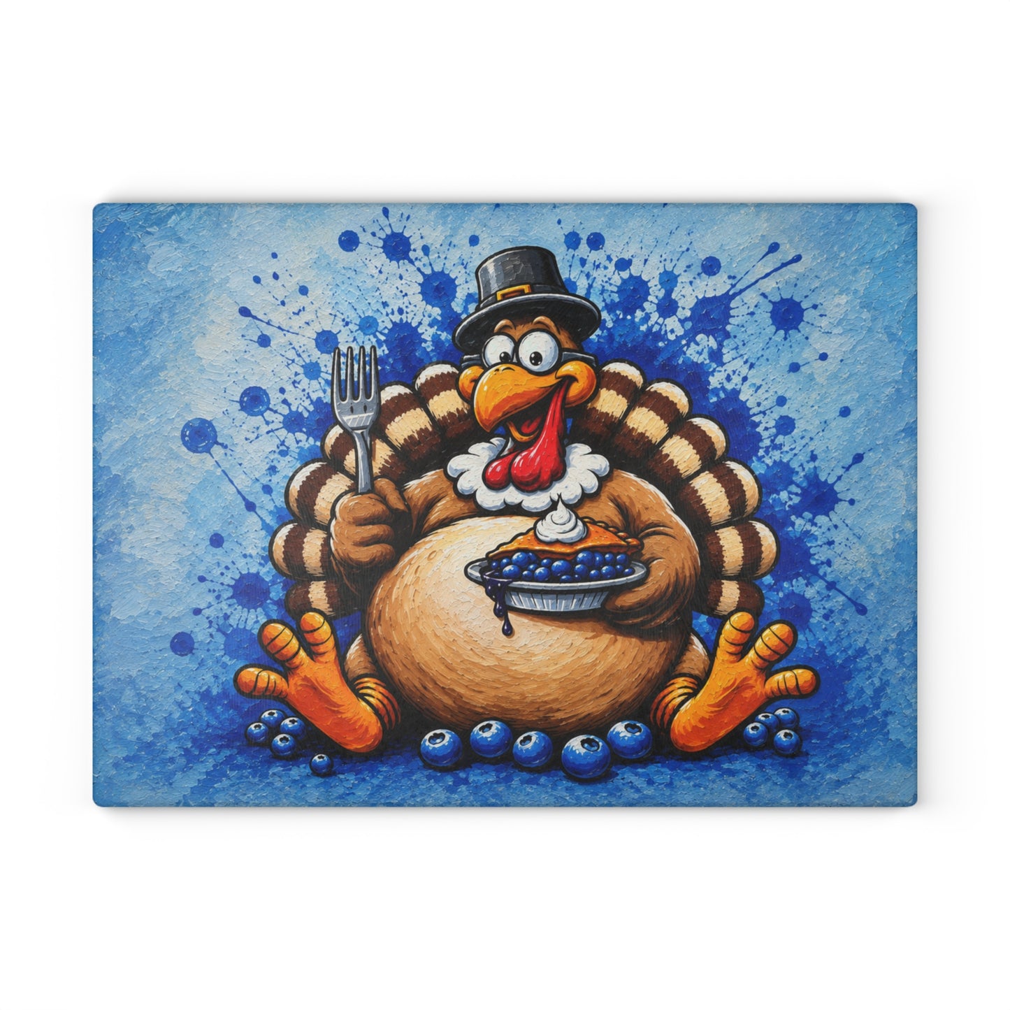 Funny Thanksgiving Turkey & Blueberry Pie Glass Cutting Board – Whimsical Holiday Kitchen Decor