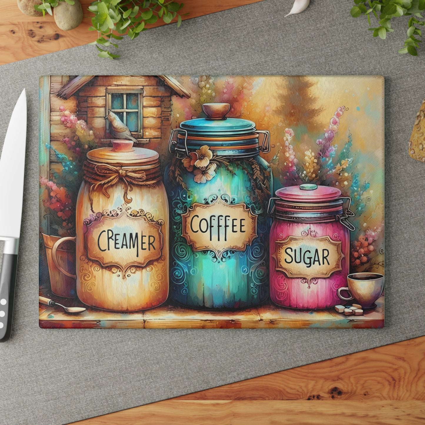 Farmhouse Canister Glass Cutting Board – Coffee, Sugar & Creamer Display