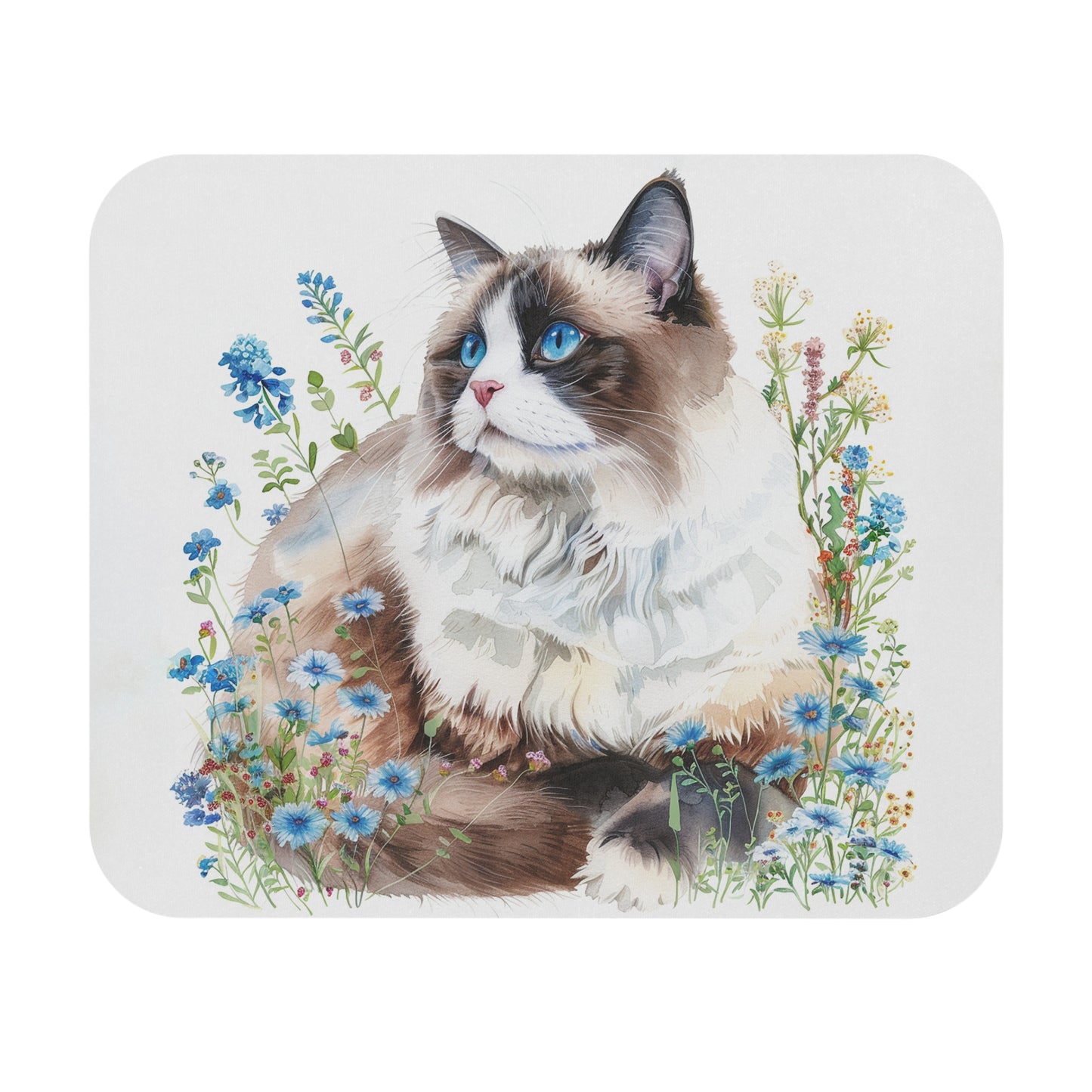 🖱️🐱 Blue-Eyed Cat Mouse Pad – Watercolor Floral Desk Art