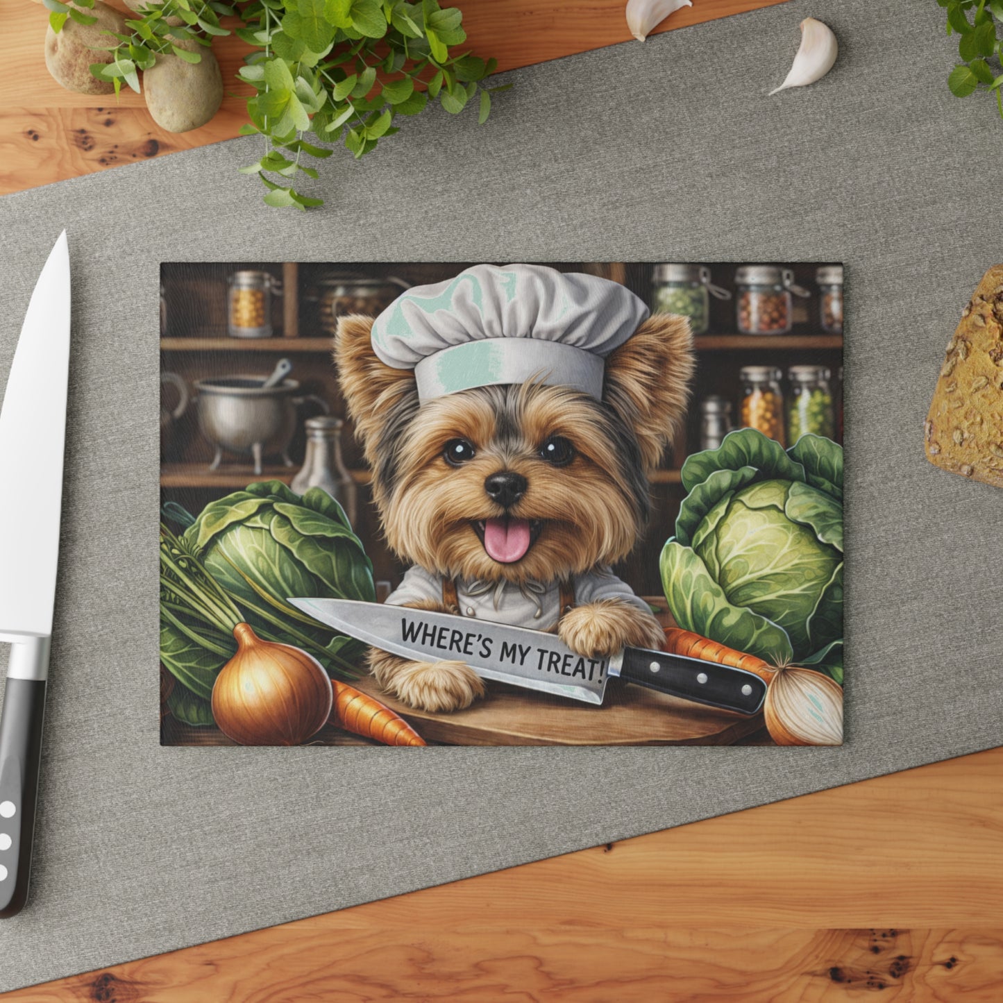Yorkshire Terrier Chef Glass Cutting Board – “Where’s My Treat!” Playful Kitchen Art