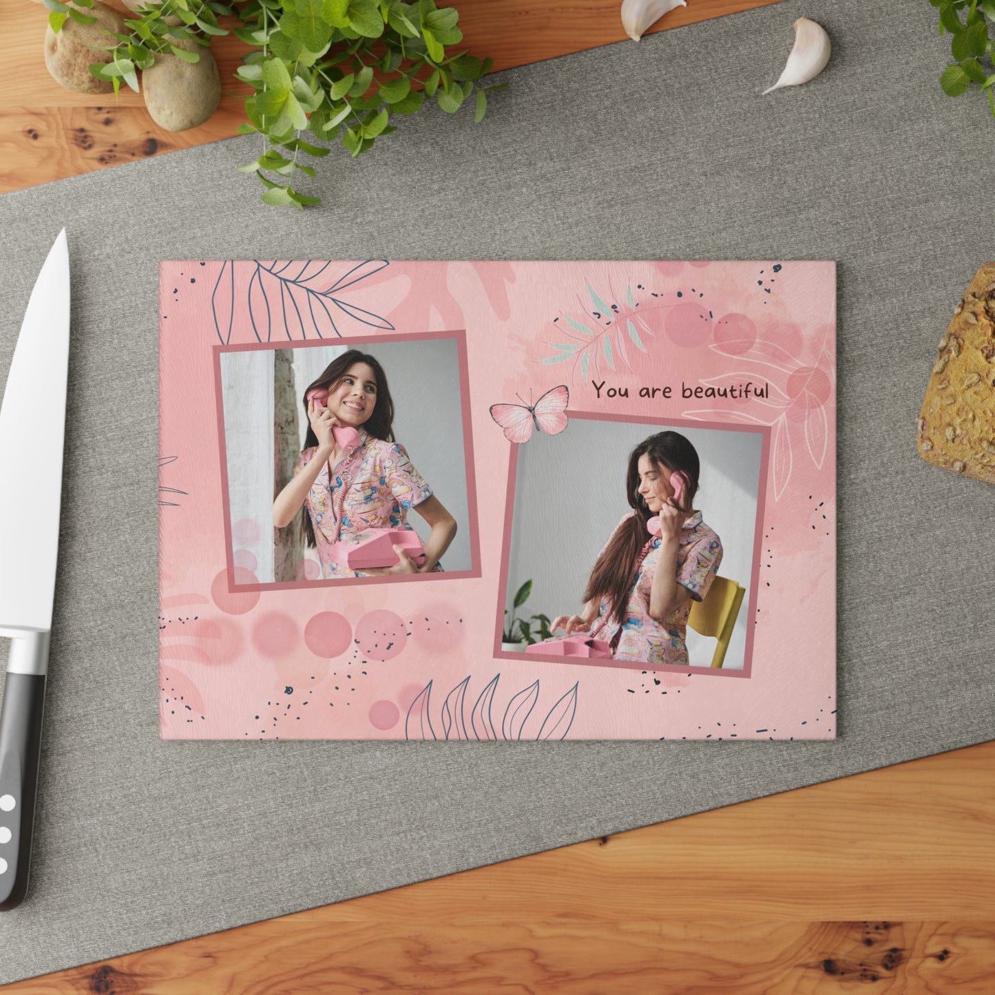 You Are Beautiful Photo Collage Glass Cutting Board – Pink Butterfly Inspirational Keepsake