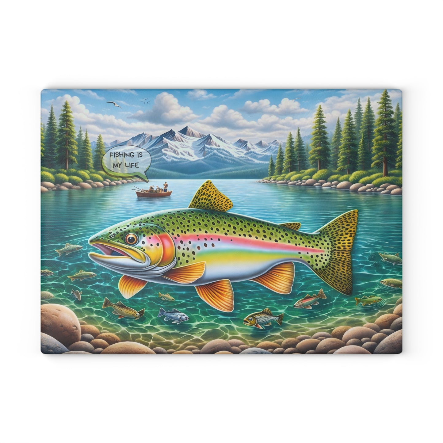 Fishing Is My Life Glass Cutting Board – Colorful Trout Lake Fishing Artwork