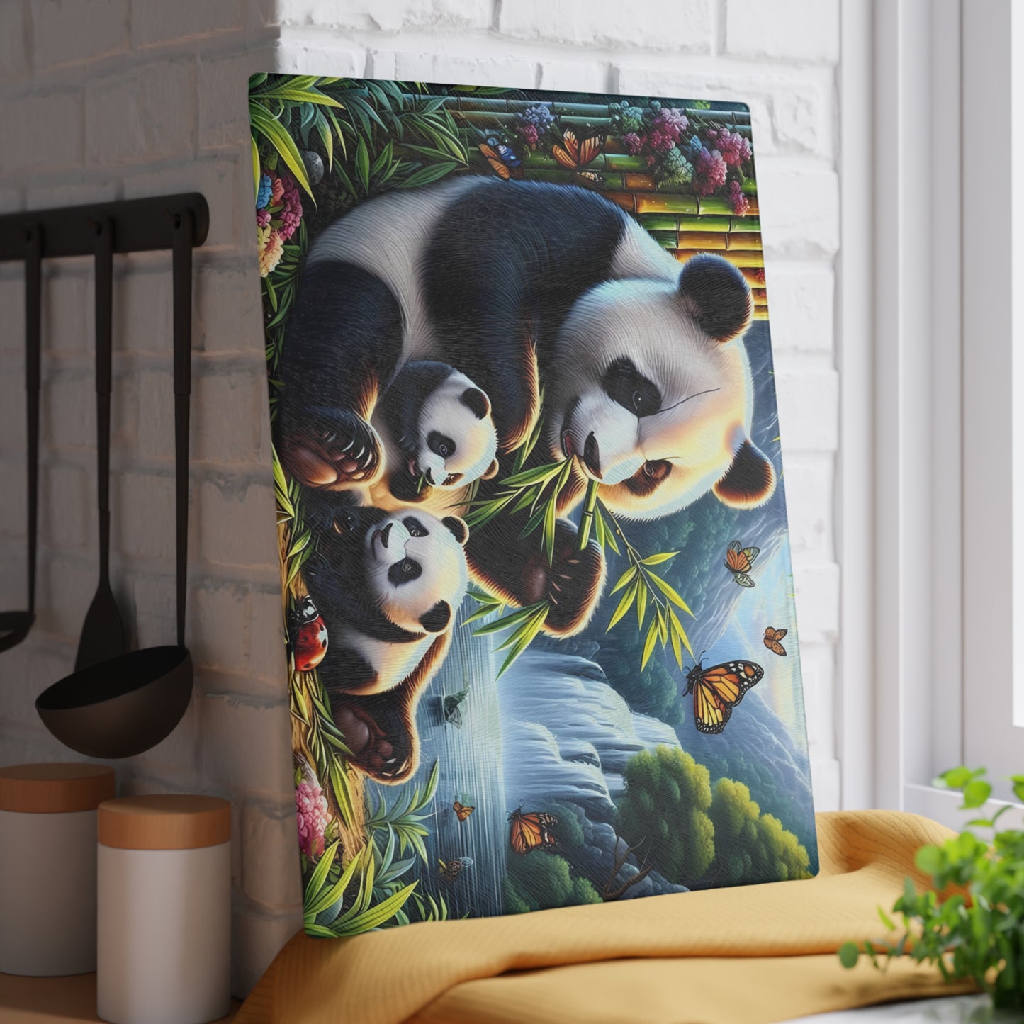 Tabla de cortar con cascada y familia de pandas: una escena natural y caprichosa para tu cocina