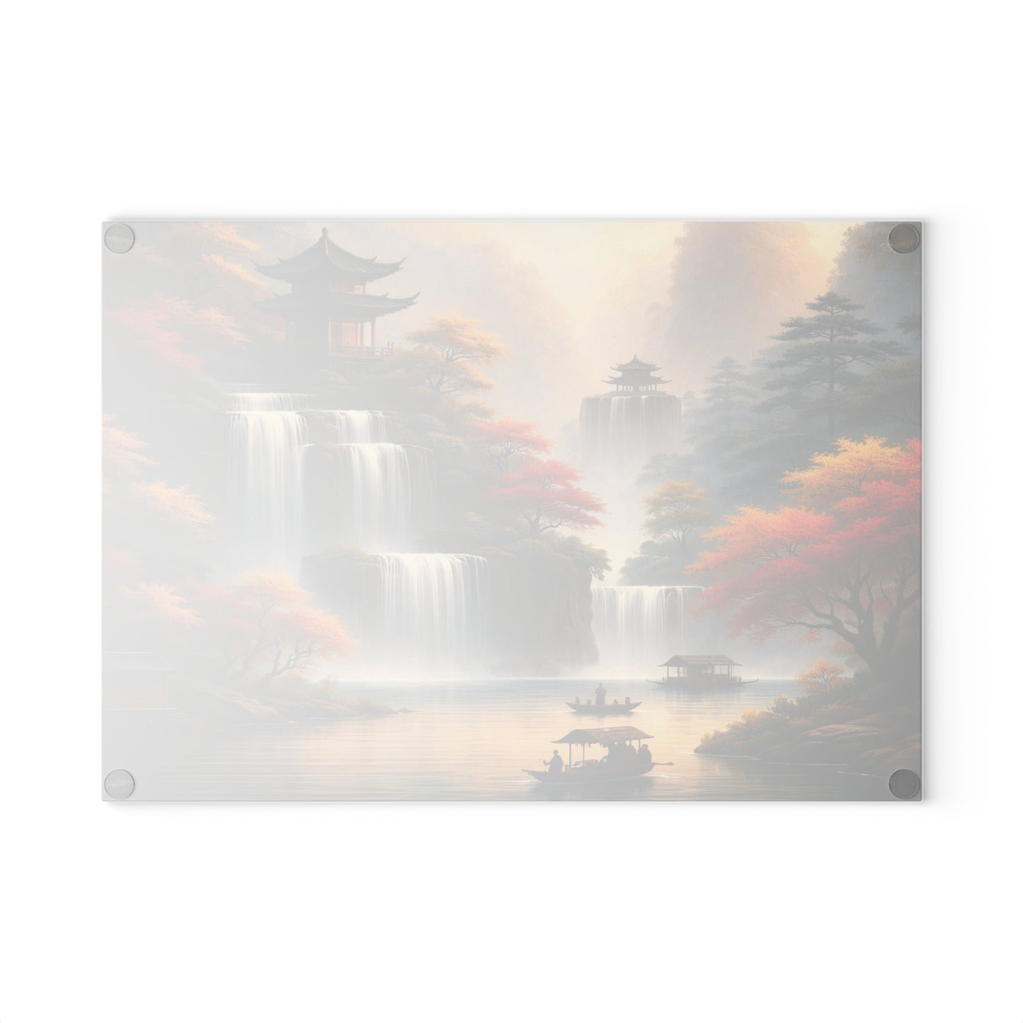 Asian Waterfall Landscape Glass Cutting Board – Serene Mountain Temple Kitchen Art