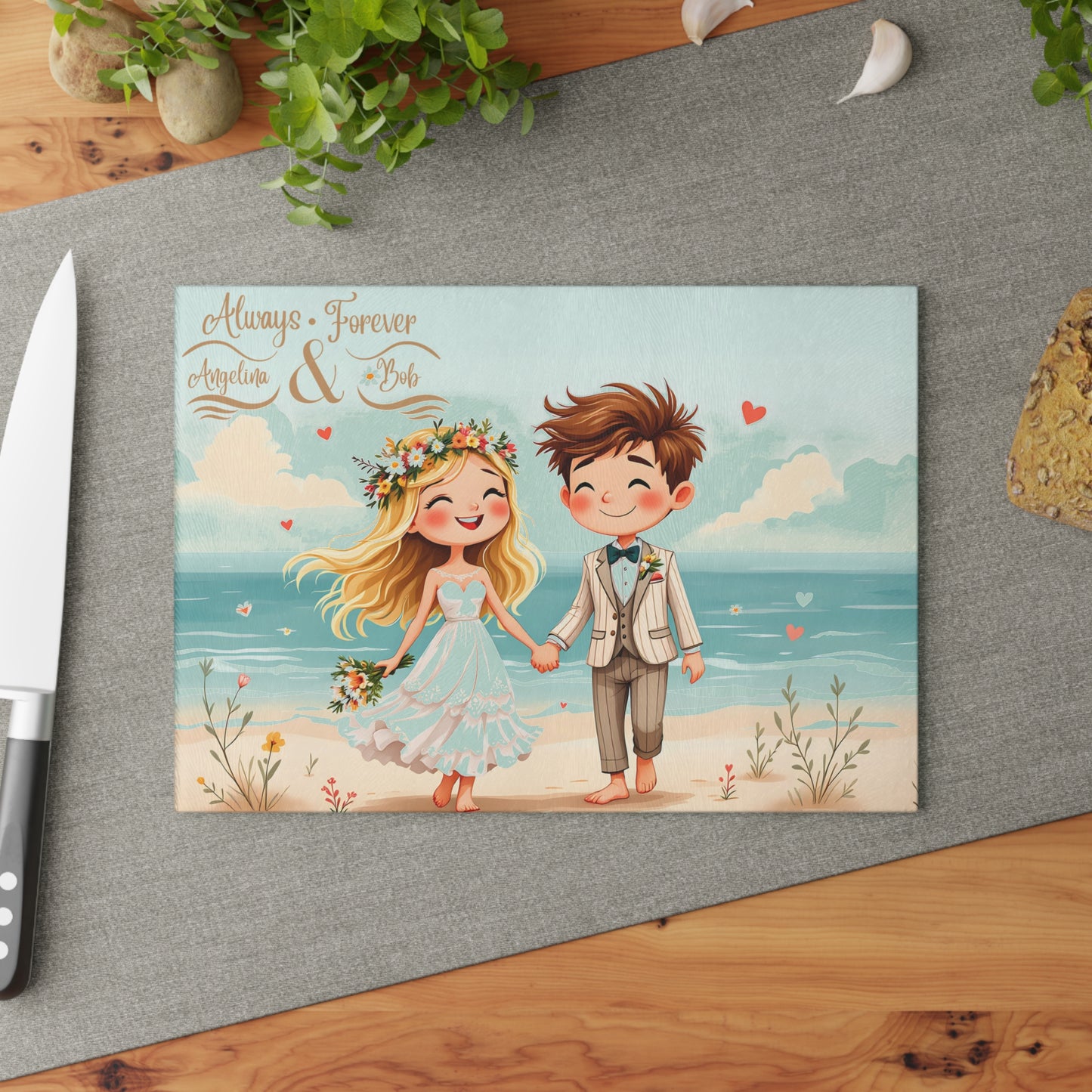 🏖️ Beach Wedding Couple Cutting Board – Personalized “Always & Forever” Keepsake for Newlyweds
