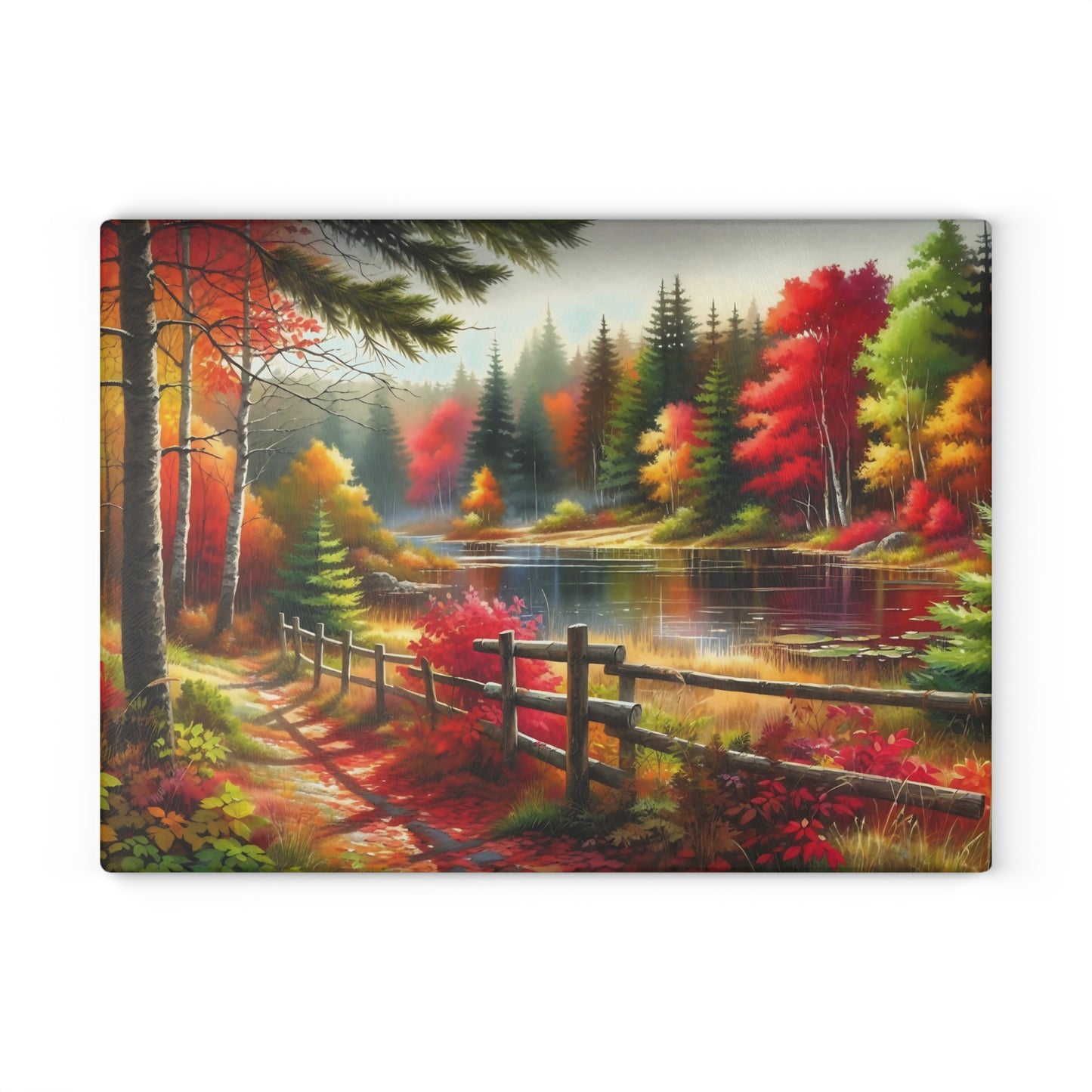 🍂 Autumn Lake Path Cutting Board – Tranquil Forest Beauty for Your Fall Kitchen