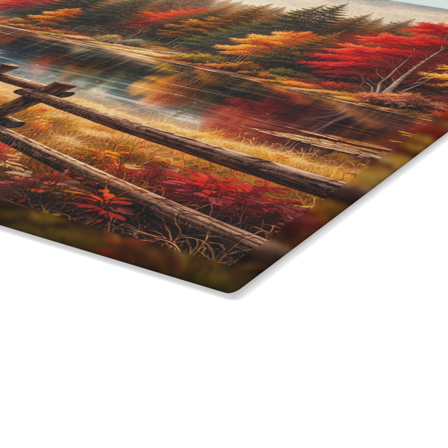 Autumn Lakeside Path Glass Cutting Board – Rustic Fall Forest Lake Kitchen Art