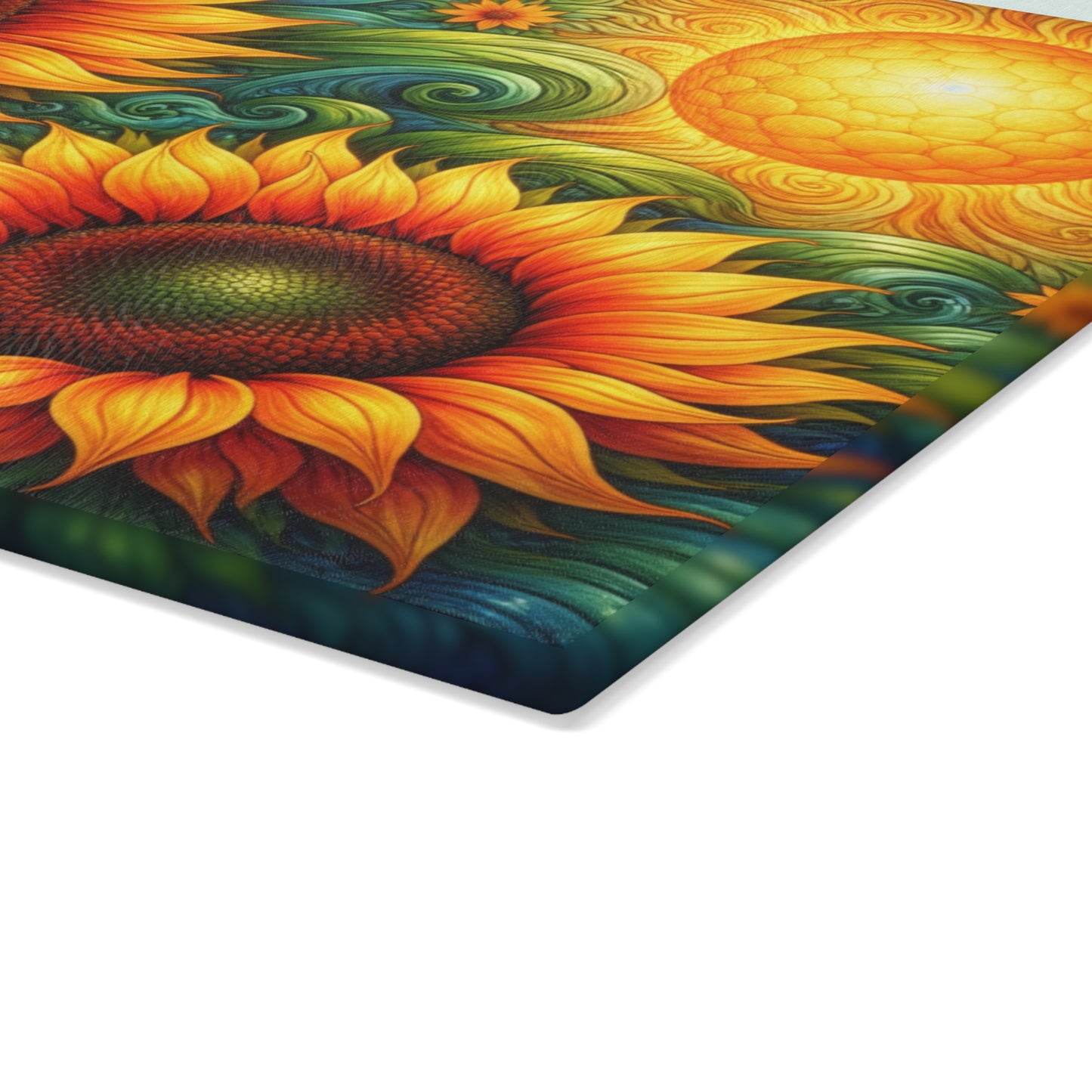 Sunflower Swirl Glass Cutting Board – Vibrant Farmhouse Kitchen Decor