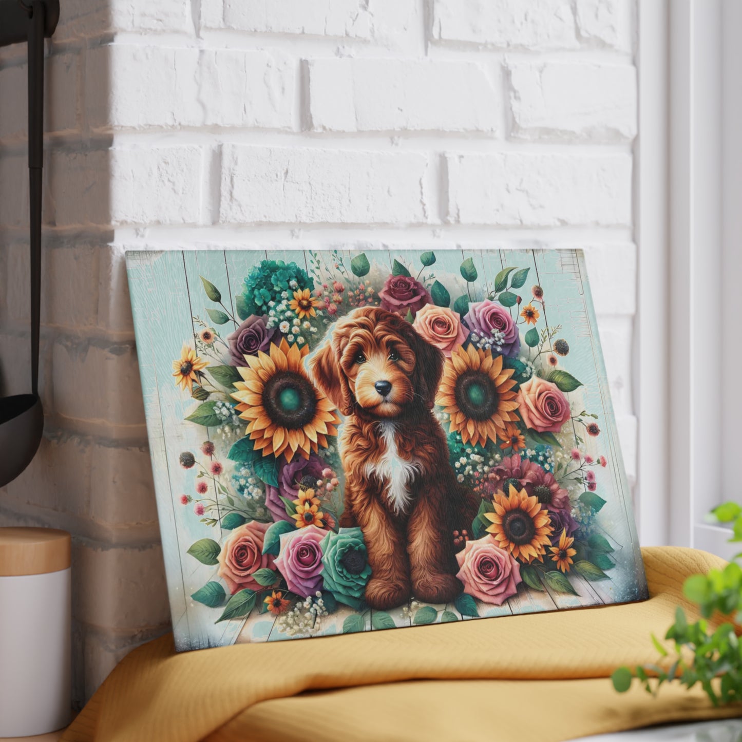 🐶🌻 “Sunflower Pup” Glass Cutting Board – Bright, Happy Farmhouse Vibes for Your Kitchen